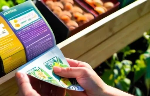 Руки выбирают семенные пакеты на стенде, рядом с теплицей и грядками, на пакетах пометки F1 и OP