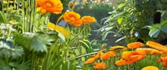 Garden scene illustrating herbal infusions being used to protect vegetables from pests, with lush greenery and garden tools