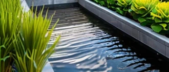 Миниатюрный водоем с каменными берегами, водной растительностью и декоративным освещением на небольшом участке