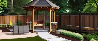 Landscape plan of a family-oriented yard showing divided zones for relaxation, play, gardening, decorated with lighting and water features.