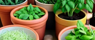 Herbs and plants used for making herbal infusions for pest control, with gardening tools