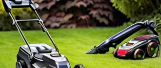 Comparison of budget and premium garden equipment with a lush garden background