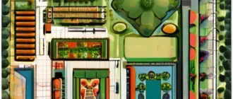 Landscape zoning plan with designated areas for recreation, gardening, technical purposes, and decoration on a suburban plot.