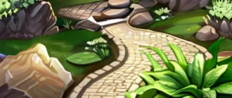 Illustration of a meticulously designed stone garden with pathways, water features, and decorative stone elements.