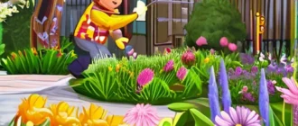 Garden with blooming flowers, bees flying, and eco-friendly pest control being applied by gardeners.