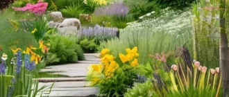 Natural garden with native plants, stone pathways, pond, and organic materials