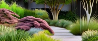 Natural landscape with trees and shrubs used for garden zoning