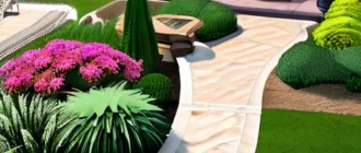 Illustration of a landscaped backyard with pathways, pond, flower beds, trees, lighting, and decorative elements in a cohesive garden layout.